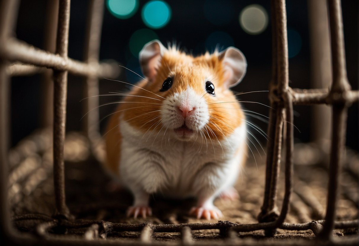 A hamster is in a cage with a low ceiling, looking up with a puzzled expression, while a hand places a small platform to prevent jumping