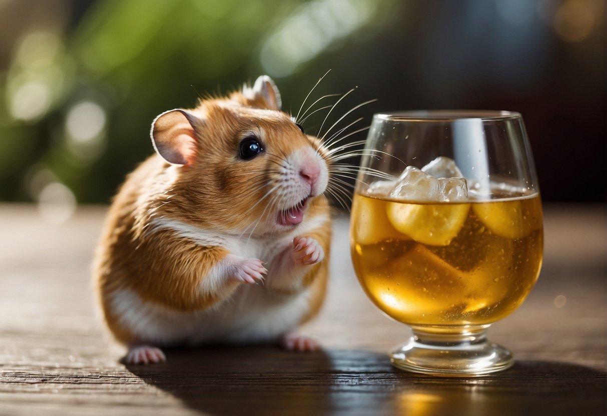 A hamster sniffs a spilled drink, its nose wrinkling at the scent of alcohol