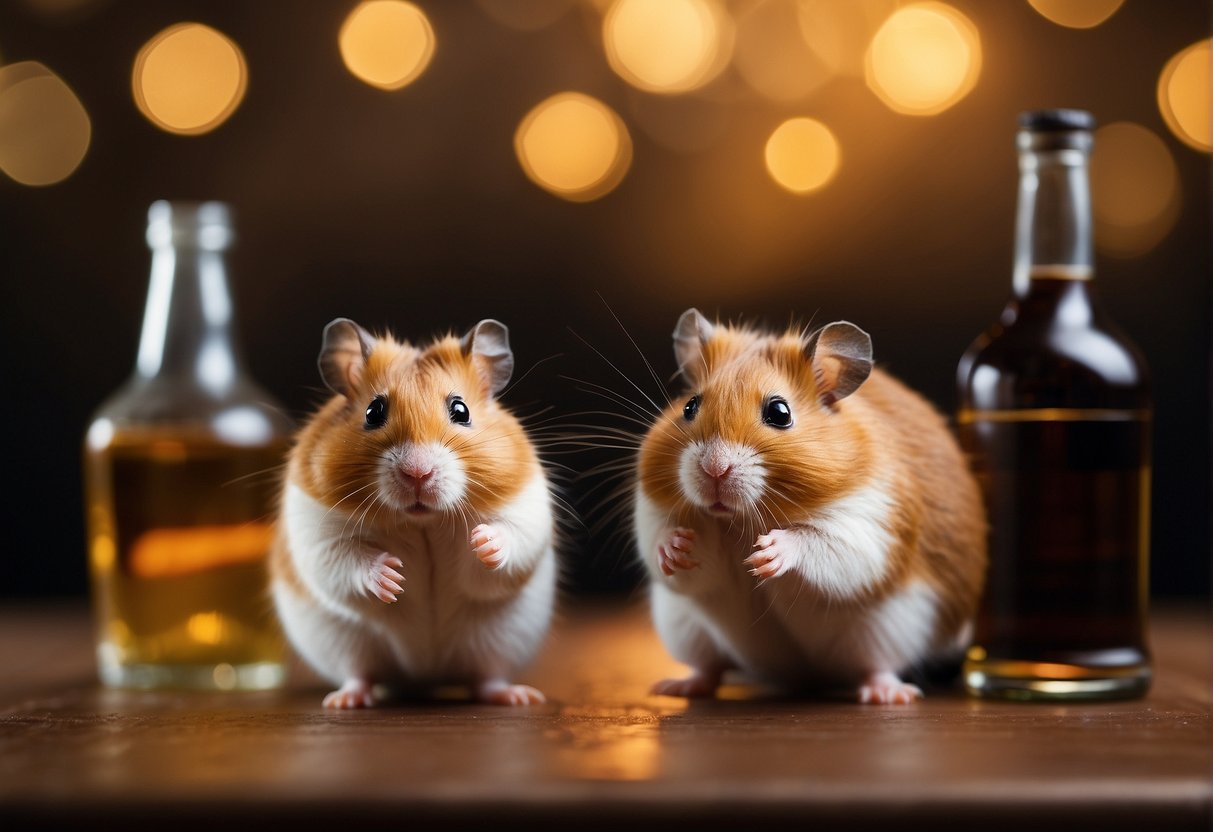 A hamster stands near a spilled bottle of alcohol, sniffing curiously