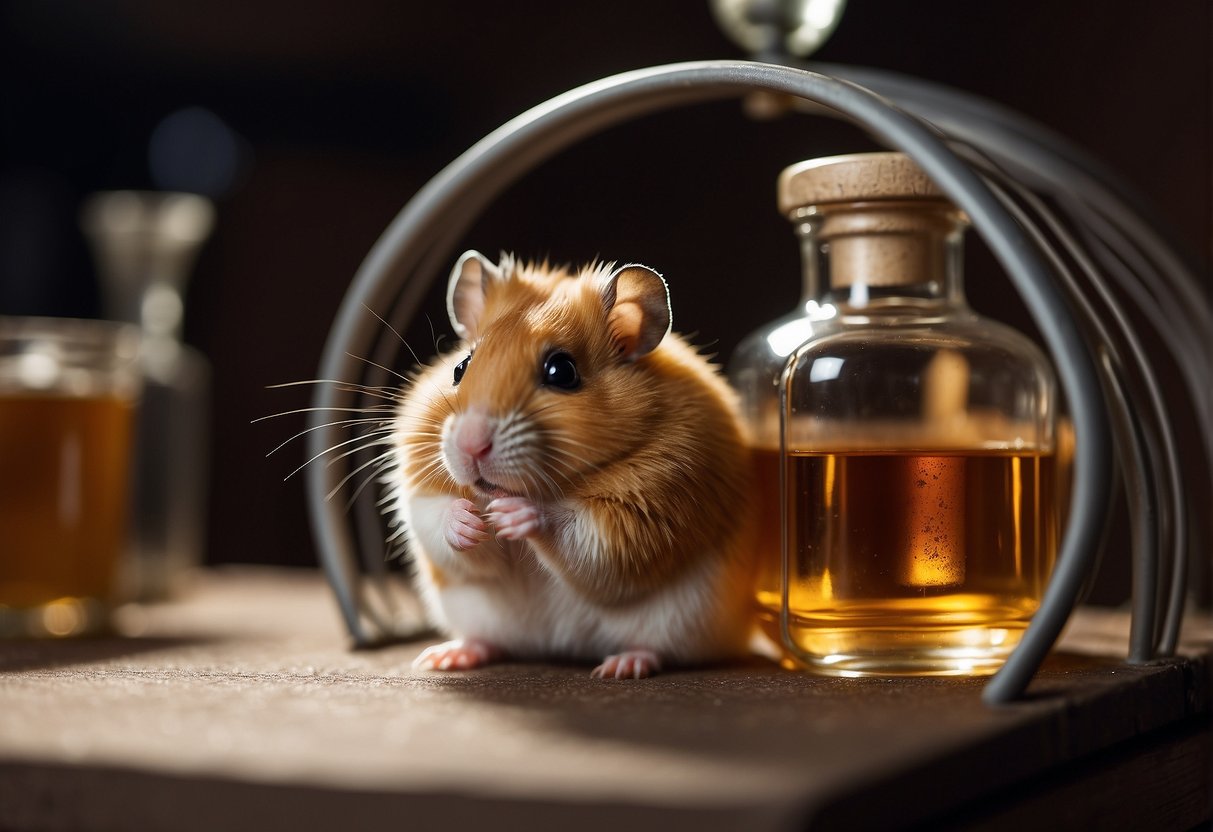 A hamster sits in a cage with a small bottle of alcohol nearby. Research papers and studies on hamster behavior are scattered around the cage
