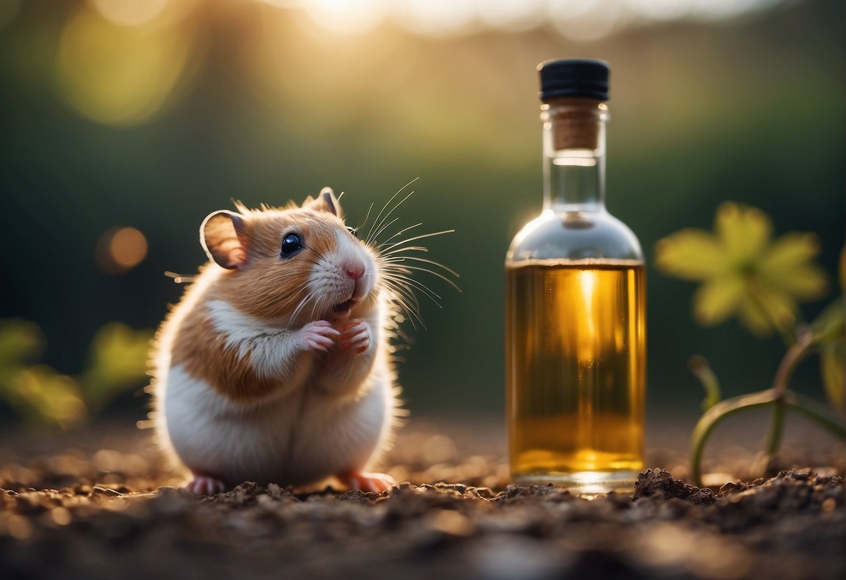 A hamster sniffs a small bottle of alcohol, looking curious but cautious