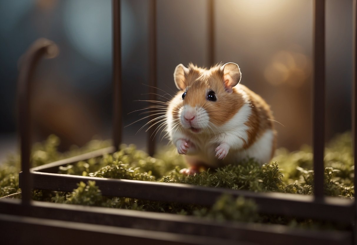 A hamster jumps in its cage, ears perked, eyes wide, tail straight